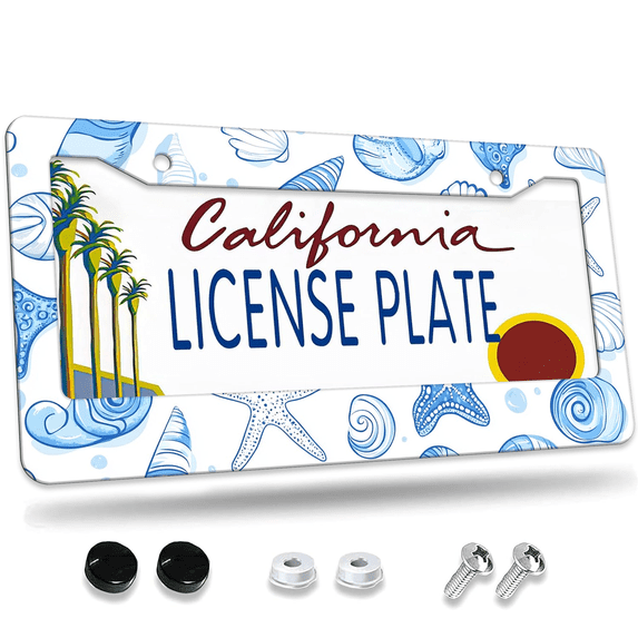 1 Pcs Sea Shells License Plate Frame, License Plate Cover for Car Decorative Parts, Aluminum License Plate Bracket Holder Rust-Proof Weather-Proof for US Standard Car