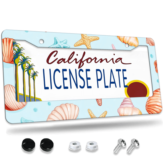 1 Pcs Seashells and License Plate Frame, License Plate Cover for Car Decorative Parts, Aluminum License Plate Bracket Holder Rust-Proof Weather-Proof for US Standard Car