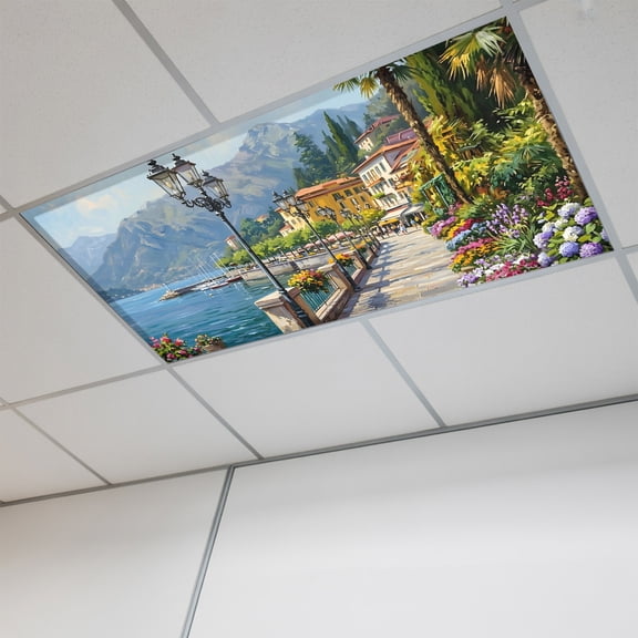 1 Pcs Seaside Walkway Fluorescent Light Covers Coastal Town Mediterranean Scenery Magnetic Light Covers for Ceiling Lights 4 x 2 ft Drop Ceiling Lights Cover Shade for Office, Home, Hospital