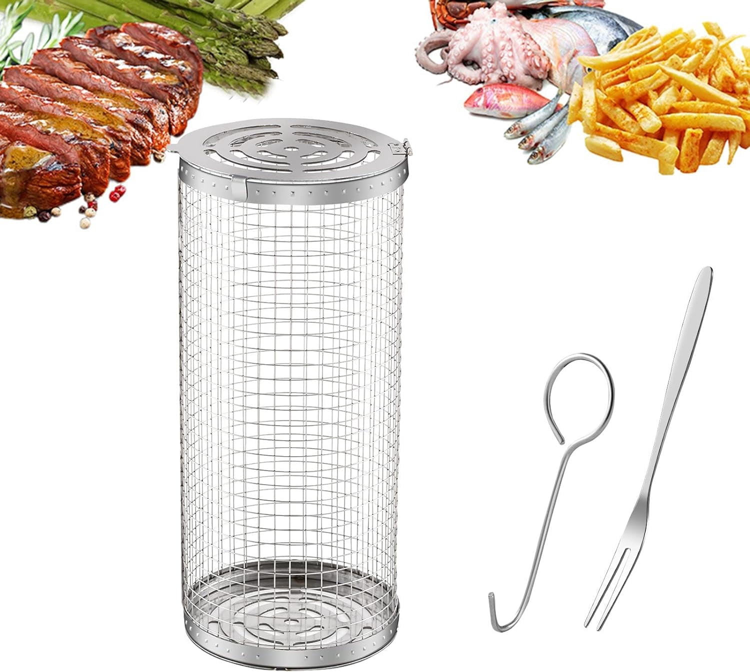 1 Pcs Set BBQ Grill Basket, Rolling Grill Basket Stainless Steel ...
