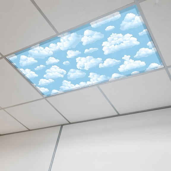 1 Pcs Sky Cloud Fluorescent Light Covers Dreamy Fluffy Light Blue White Cloud Magnetic Light Covers for Ceiling Lights 4 x 2 ft Drop Ceiling Lights Cover Shade for Office, Home, Hospital