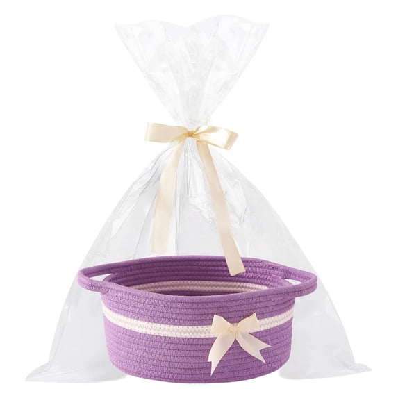 1 Pcs Small Basket Empty Gift Basket,Storage Basket for Holiday Presents,Small Woven Basket with Gift Bags and Ribbons,Durable Baskets for Easter,Toys,Fruits and Candies,12''X8''X5.1''(Purple)