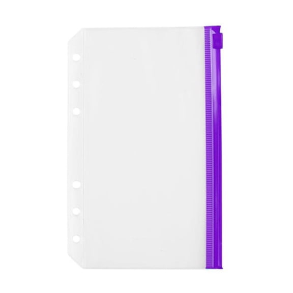 1 Pcs Small Binder Pockets,6-Hole Budget Envelopes Zipper Organizer,4.25X6.69 inch Plastic Water-Proof Binder Bag,Loose Leaf Document Storage Bags,Zipper Lock Envelope for Documents Cards,Purple