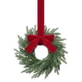 thumbnail image 1 of 1 Pcs Small Christmas Norfolk Wreaths Evergreen 12.6 Inch Christmas Kitchen Cabinet Mini Wreaths Real Touch with Bow and Burgundy Ribbon for Xmas Front Door Window Home Table Pillar Decor, 1 of 8