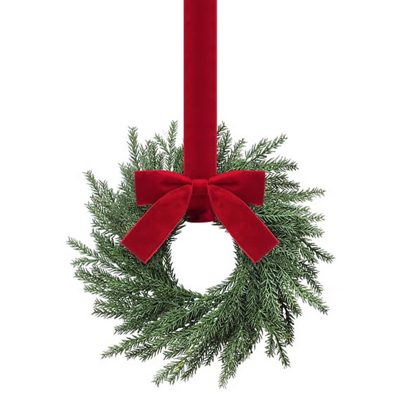1 Pcs Small Christmas Norfolk Wreaths Evergreen 12.6 Inch Christmas Kitchen Cabinet Mini Wreaths Real Touch with Bow and Burgundy Ribbon for Xmas Front Door Window Home Table Pillar Decor