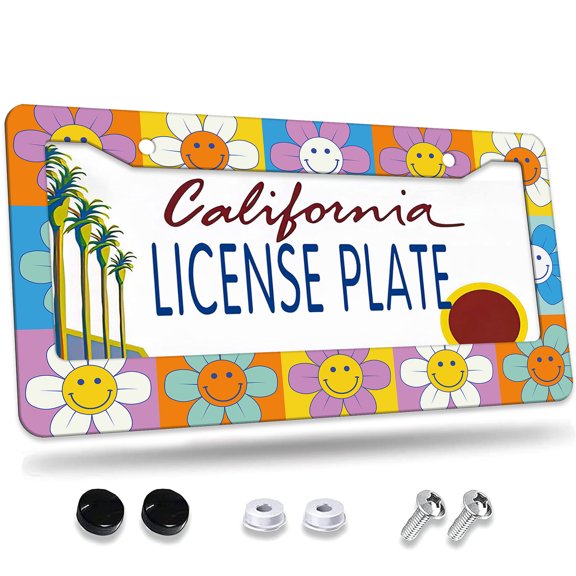 1 Pcs Smiley Flower Pattern Label License Plate Frame,License Plate Cover for Car Decorative Parts,Aluminum License Plate Bracket Holder Rust-Proof for US Standard Car