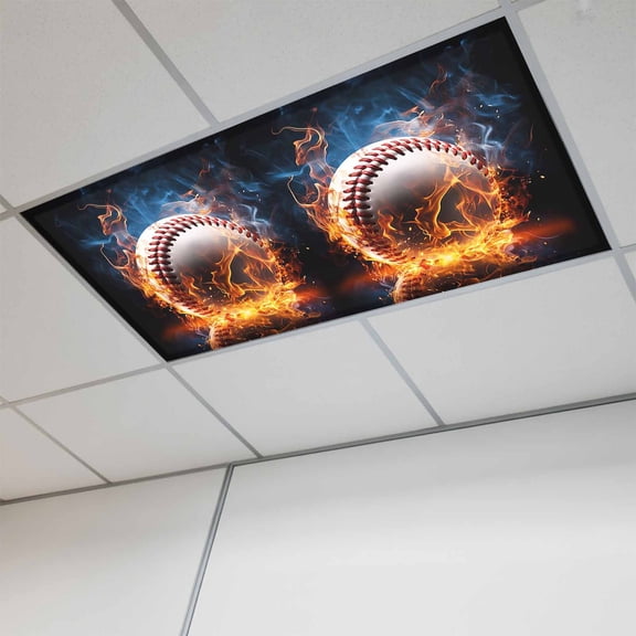 1 Pcs Sports Theme Fluorescent Light Covers Baseball on Fire Magnetic Light Covers for Ceiling Lights 4 x 2 ft Drop Ceiling Lights Cover Shade for Office, Home, Hospital