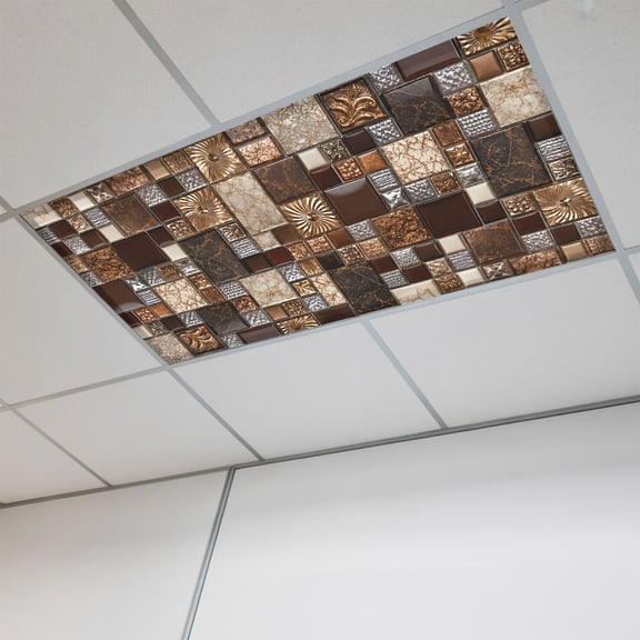 1 Pcs Square Stone Tiles Fluorescent Light Covers Vintage Brown Tan Ornate Embossed Relief Grid Magnetic Light Covers for Ceiling Lights 4 x 2 ft Drop Ceiling Lights Cover Shade for Office, Home,