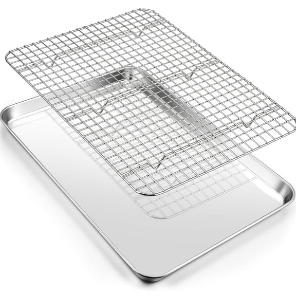 1 Pcs Stainless Steel Quarter Sheet Pan with Rack Set,Toaster Oven Tray Pans with Grid Racks,Rectangular Bakeware for Cookie Bacon,Rust Proof & Heavy Duty 12 x 9.6 x 1 Inch