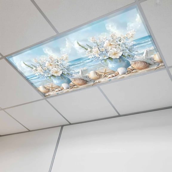 1 Pcs Summer Beach Fluorescent Light Covers Flower Vase Coastal Starfish Seashell Magnetic Light Covers for Ceiling Lights 4 x 2 ft Drop Ceiling Lights Cover Shade for Office, Home, Hospital