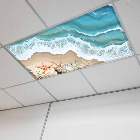 1 Pcs Summer Beach Fluorescent Light Covers Spray Ocean Waves Sand Seashell Starfish Magnetic Light Covers for Ceiling Lights 4 x 2 ft Drop Ceiling Lights Cover Shade for Office, Home, Hospital