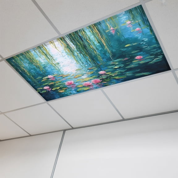 1 Pcs Summer Botanical Fluorescent Light Covers Zen Art Water Lilies Pond Weeping Willow Magnetic Light Covers for Ceiling Lights 4 x 2 ft Drop Ceiling Lights Cover Shade for Office, Home, Hospital