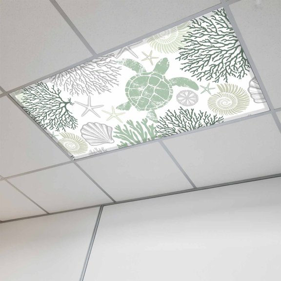1 Pcs Summer Fluorescent Light Covers Sage Green Coastal Ocean Sea Turtle Coral Seashell Magnetic Light Covers for Ceiling Lights 4 x 2 ft Drop Ceiling Lights Cover Shade for Office, Home, Hospital