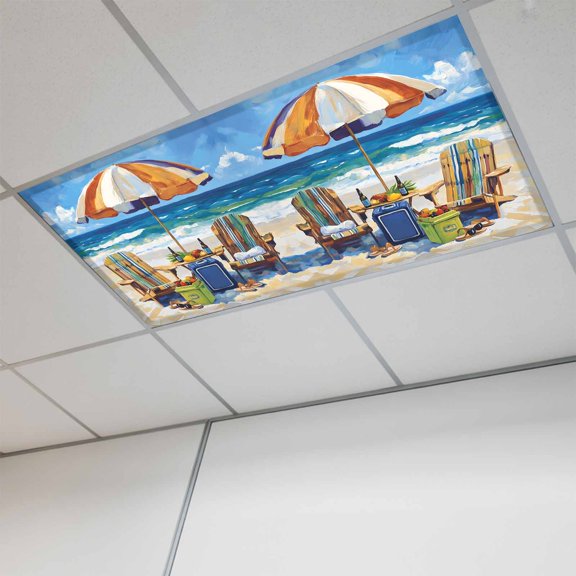1 Pcs Summer Vacation Fluorescent Light Covers Ocean Beach Wood Sun Umbrella Magnetic Light Covers for Ceiling Lights 4 x 2 ft Drop Ceiling Lights Cover Shade for Office, Home, Hospital