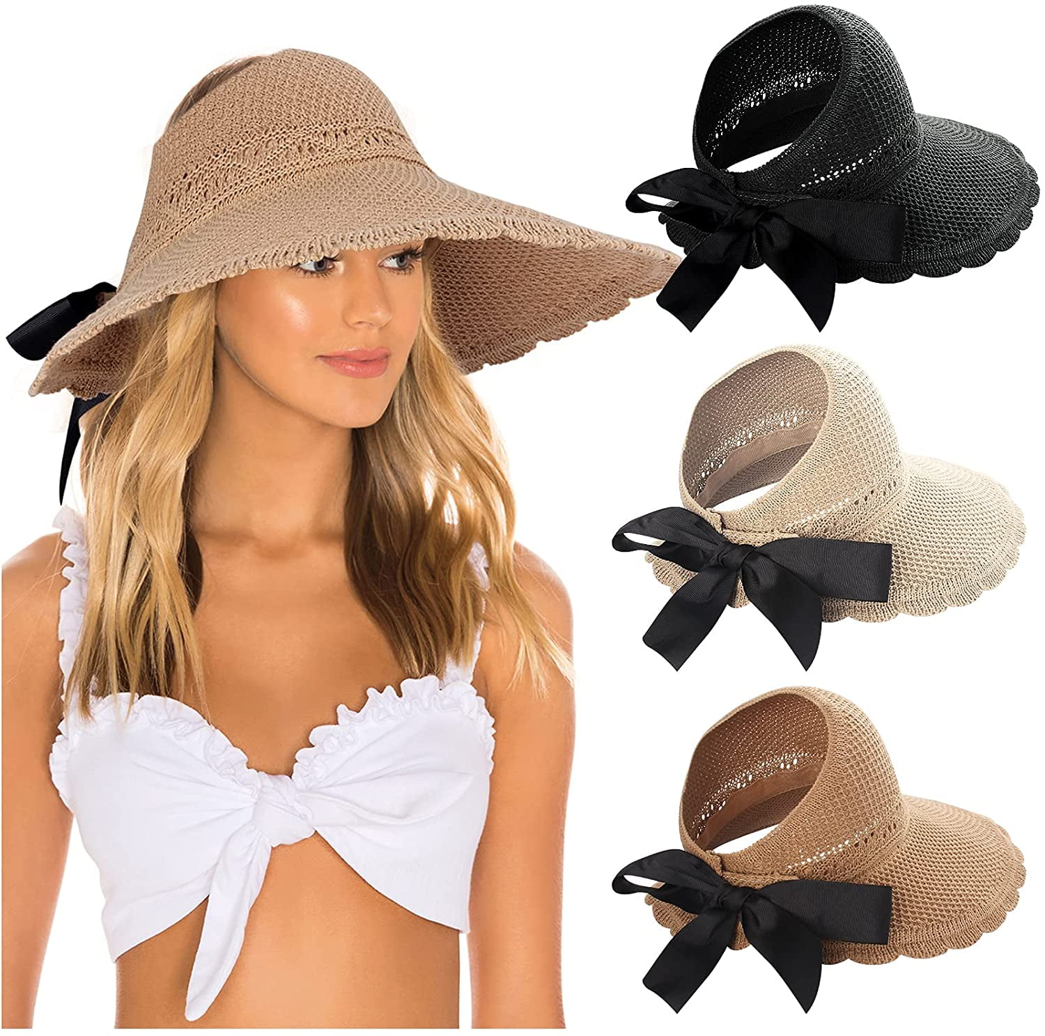1 Pcs Sun Hat for Woman, Foldable Wide Brim Straw Hats Sun Visors