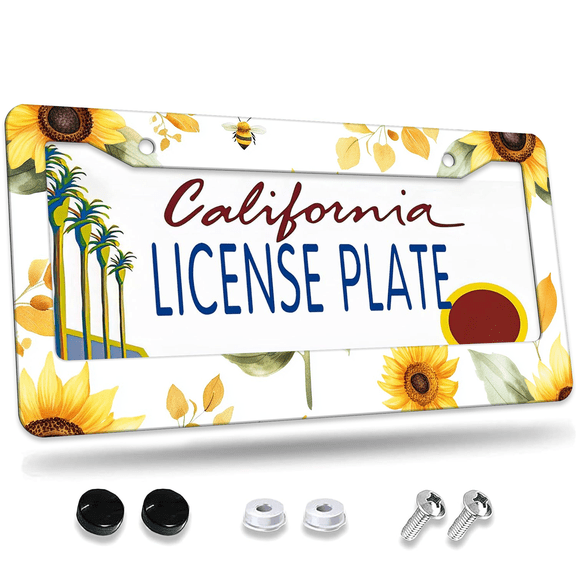 1 Pcs Sunflowers License Plate Frame, License Plate Cover for Car Decorative Parts, Aluminum License Plate Bracket Holder Rust-Proof Weather-Proof for US Standard Car