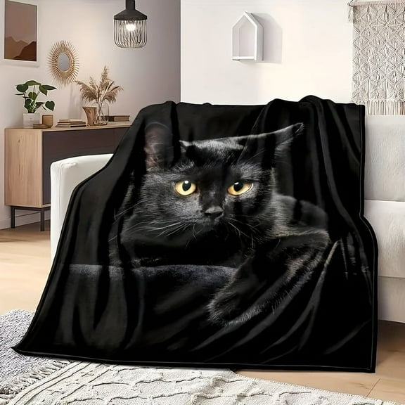 1 Pcs Super Soft Black Cat Print Flannel Blanket - All Season Warm And Cozy Multi-Purpose Blanket - Perfect Nap Blanket Luxurious Sofa, Bed, Camping And Travel Gift
