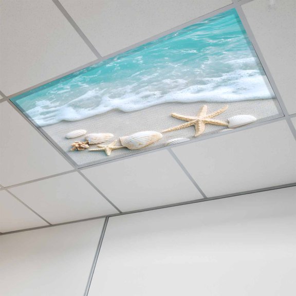 1 Pcs Teal Beige Fluorescent Light Covers Beach Starfish Seashell Sand Sea Waves Scenery Magnetic Light Covers for Ceiling Lights 4 x 2 ft Drop Ceiling Lights Cover Shade for Office, Home, Hospital