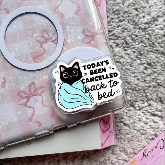 1 Pcs Today's Been Cancelled Magnetic Phone Grip, Aesthetic Go Back To Bed Phone Grip, Cute Lazy Black Cat Phone Stand, Funny Sarcastic Introvert Tech Accessory