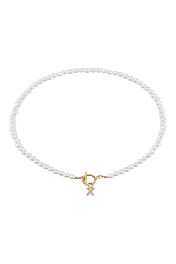 1 Pcs Toggle Letter Pearl Necklace White Imitation Pearl Beaded Necklaces Golden Chain Toggle Clasp Necklace with Alphabet Pendant for friend Mother