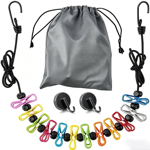 1 Pcs Travel Clothes Line with 12 Clips, Retractable 1.8m to 3-4m, Includes 2 Magnetic Hooks