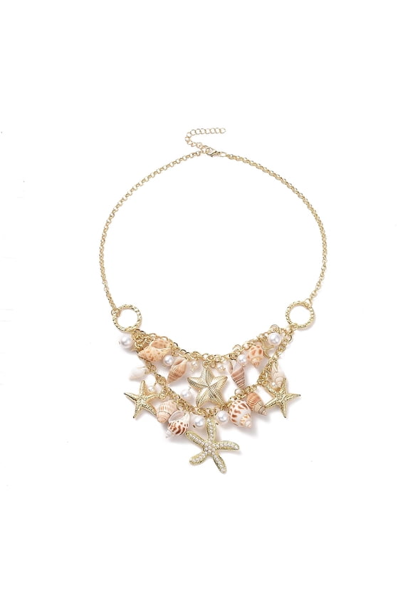 1 Pcs Trendy Shell Bib Beach Necklaces Starfish and Conch Pendants Necklace with Iron Chains and Brass Lobster Claw Clasps for Women Jewelry DIY
