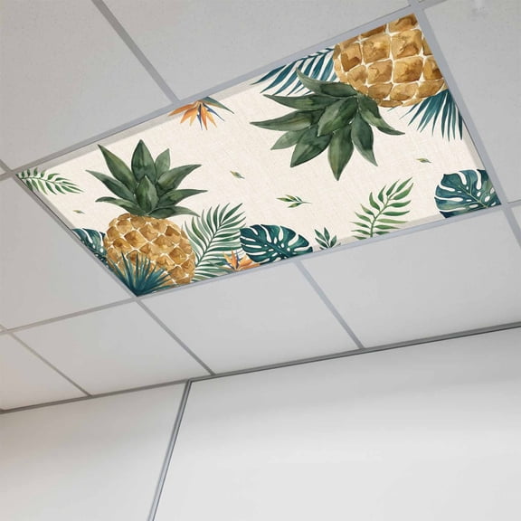 1 Pcs Tropical Palm Fronds Fluorescent Light Covers Botanical Pineapple Linen Cream Magnetic Light Covers for Ceiling Lights 4 x 2 ft Drop Ceiling Lights Cover Shade for Office, Home, Hospital