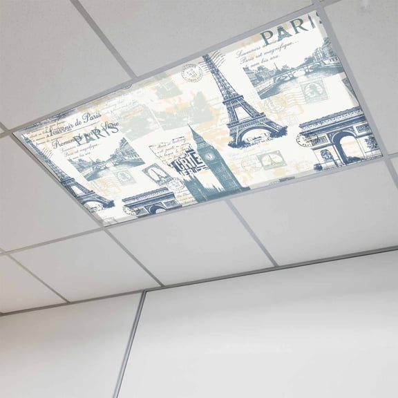 1 Pcs Vintage Art Fluorescent Light Covers International Buildings Paris Towers Blue Grey Magnetic Light Covers for Ceiling Lights 4 x 2 ft Drop Ceiling Lights Cover Shade for Office, Home, Hospital