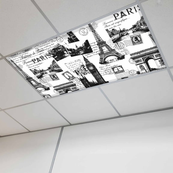 1 Pcs Vintage Art Fluorescent Light Covers International Buildings Paris Towers White Black Magnetic Light Covers for Ceiling Lights 4 x 2 ft Drop Ceiling Lights Cover Shade for Office, Home