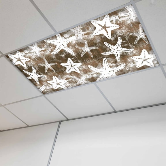 1 Pcs Vintage Brown Ocean Starfish Fluorescent Light Covers Country Nautical Coastal Sea Marine Life Magnetic Light Covers for Ceiling Lights 4 x 2 ft Drop Ceiling Lights Cover Shade for Home
