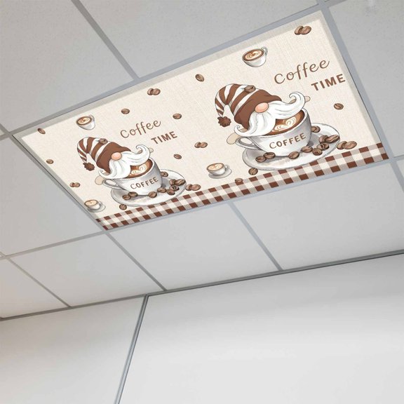 1 Pcs Vintage Funny Gnome Fluorescent Light Covers Coffee Time Brown Plaid Farmhouse Magnetic Light Covers for Ceiling Lights 4 x 2 ft Drop Ceiling Lights Cover Shade for Office, Home, Hospital