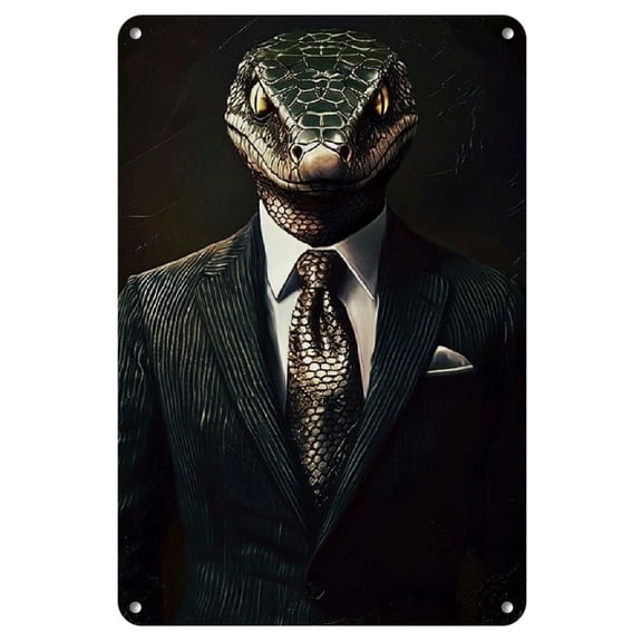 1 Pcs Vintage Reptilian Gentleman in Suit Metal Tin Sign Wall Decor, Major Material: Iron, Durable Pre-Drilled Retro Wall Art for Bar, Cafe, Restaurant, Billiard Room, Hotel, Home - 20x30cm/8x12inch