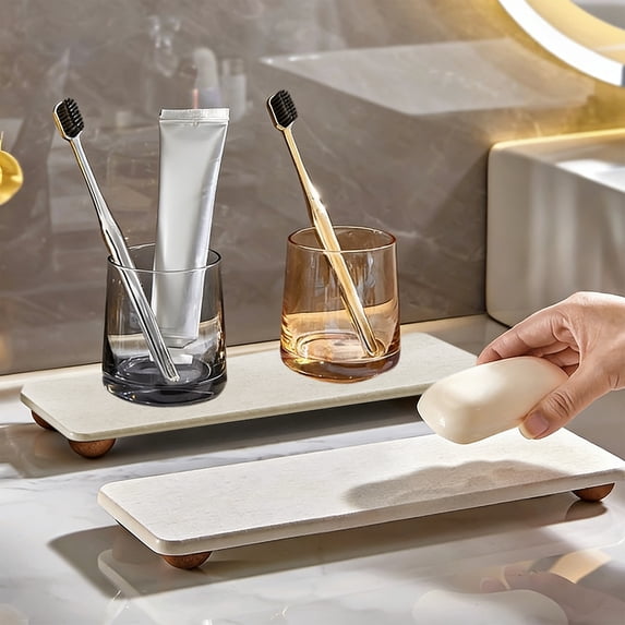 1 Pcs Water Absorbing Stone Trays, Kitchen/Bathroom Sink Soap Dish, Diatomite Tray Used for Hand Soap & Cosmetic Bottles in The Modern Home, 3.94" W x 11.81" L