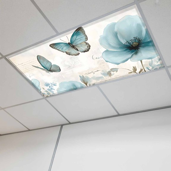 1 Pcs Watercolor Blue Flowers Fluorescent Light Covers Vintage Background Pastoral Style Magnetic Light Covers for Ceiling Lights 4 x 2 ft Drop Ceiling Lights Cover Shade for Office, Home, Hospital