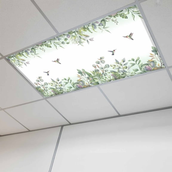 1 Pcs Watercolor Plant Fluorescent Light Covers Hummingbird Green Leaf Magnetic Light Covers for Ceiling Lights 4 x 2 ft Drop Ceiling Lights Cover Shade for Office, Home, Hospital