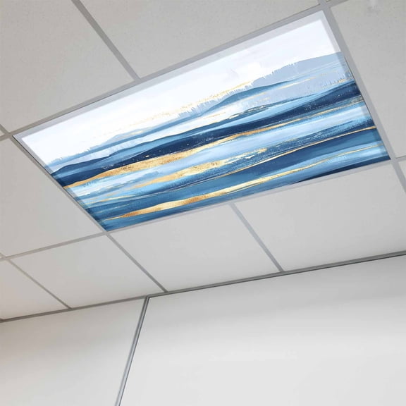 1 Pcs Wave Effect Art Fluorescent Light Covers Blue Waves with Golden Graffiti Art Magnetic Light Covers for Ceiling Lights 4 x 2 ft Drop Ceiling Lights Cover Shade for Office, Home, Hospital