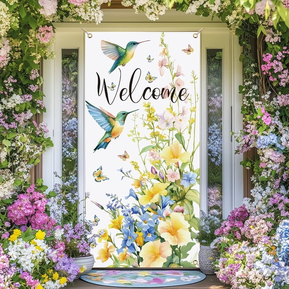 1 Pcs Welcome Theme Door Cover Colorful Butterflies Flowers Hummingbirds Banner Photography Background Backdrop for Door Wall Porch Indoor Outdoor