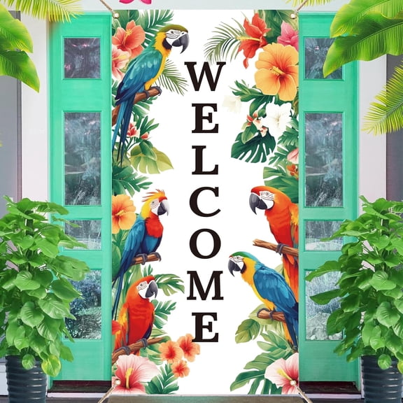 1 Pcs Welcome Theme Door Cover Colorful Tropical Plants Flowers Parrot Banner Photography Background Backdrop for Door Wall Porch Indoor Outdoor Decoration 35.4x72.8 inch