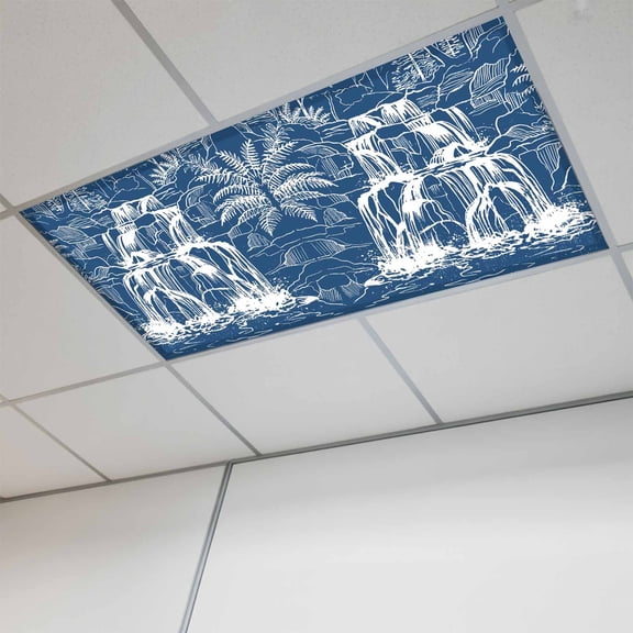 1 Pcs White Black Waterfall Fluorescent Light Covers Rushing Water Dark Rocks Realistic Style Blue Magnetic Light Covers for Ceiling Lights 4 x 2 ft Drop Ceiling Lights Cover Shade for Office, Home,