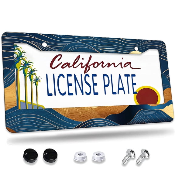 1 Pcs Blue and Gold Abstract Landscape License Plate Frame,License Plate Cover for Car Decorative Parts,Aluminum License Plate Bracket Holder Rust-Proof for US Standard Car