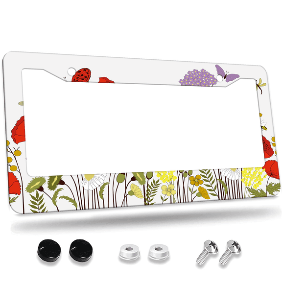 1 Pcs Wildflowers and Insects License Plate Frame, License Plate Cover for Car Decorative Parts, Aluminum License Plate Bracket Holder Rust-Proof for US Standard Car