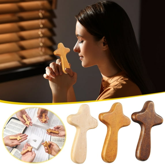 1 Pcs Wooden Cross Wood Hand Held Clinging Cross Hand Carved Wooden Holding Cross Long Jesus Cross, for Prayer Palm Church Gift Palm Cross