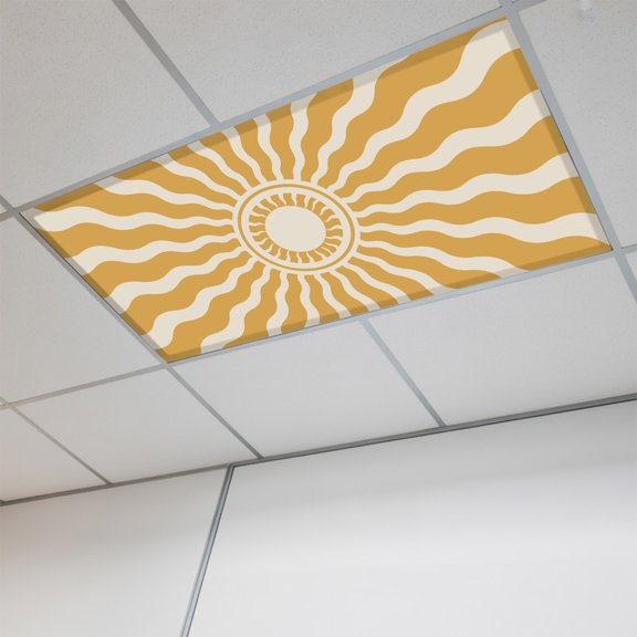 1 Pcs Yellow Beige Radiant Sun Fluorescent Light Covers Abstract Wavy Sunbeams Rings Boho Eclectic Magnetic Light Covers for Ceiling Lights 4 x 2 ft Drop Ceiling Lights Cover Shade for Office, Home,