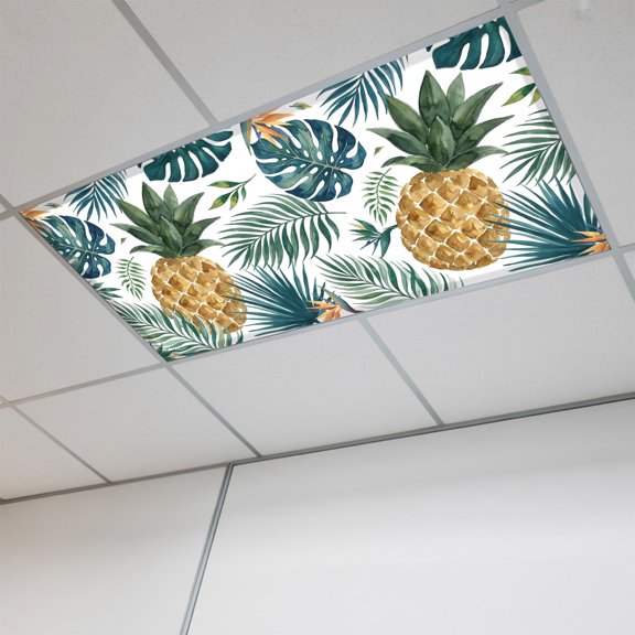 1 Pcs Yellow Pineapple Fluorescent Light Covers Green Monstera Leaves Tropical Botanical Summer Magnetic Light Covers for Ceiling Lights 4 x 2 ft Drop Ceiling Lights Cover Shade for Office, Home,