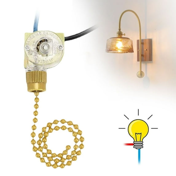 1 Pcs ZE-110 Ceiling Fan Light Pull Chain Switch, 3 Way 3-Wire Replacement Pull Chain Switch Compatible with Ceiling Fans, Lamps and Wall Lights - Gold
