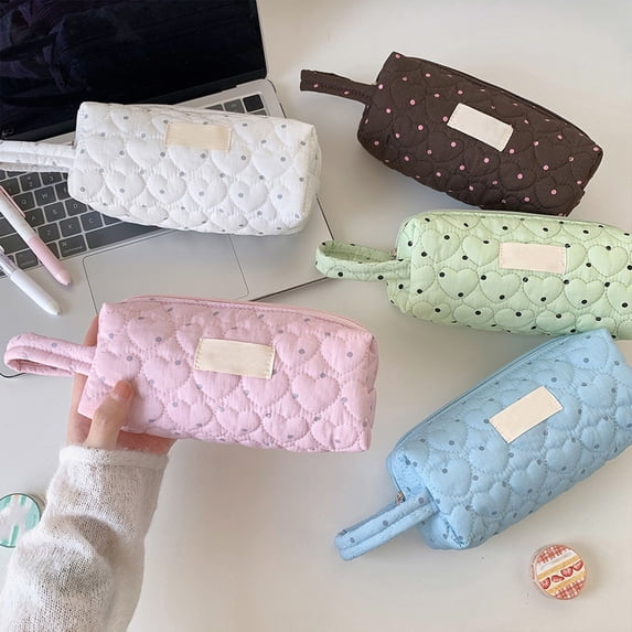 Under 1$ Pencil Case Heart Dots Quilted Cute Pen Pouch Portable Handheld Stationery Organizer for College Office Teens 7.2x3.3x2.6 in Cloth by Xuniizn