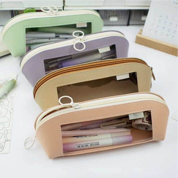 Under $1 Pencil Case Large Capacity Pencil Pouch Leather Textured Pencil Box with Transparent Window Pen Bag Stationery Organizer for College Office Desk Supplies by PALIFEUR