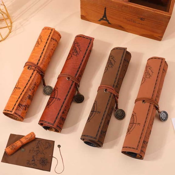 Under $1 Pencil Case Large Capacity Pencil Pouch Vintage Treasure Map Leather Pencil Box Pen Bag Stationery Organizer for College Office Desk Supplies by PALIFEUR