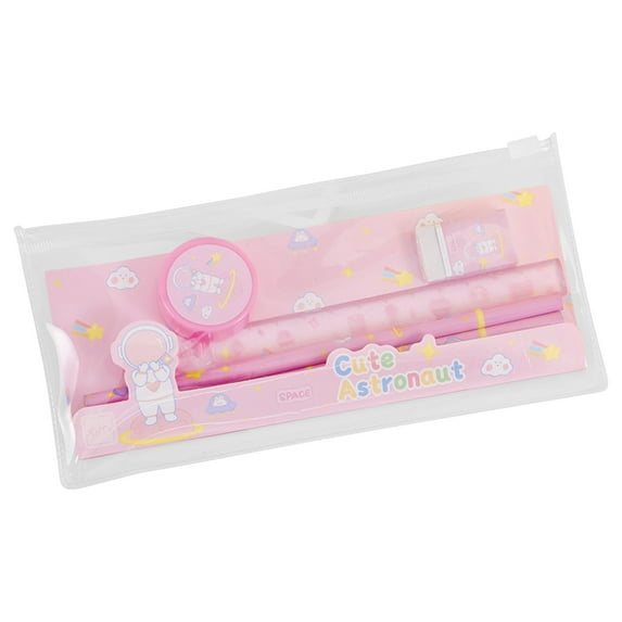 Under $1 Pencil Case with Supplies, Pink Stationery Set , Study Kit Pencil Case Set Transparent, with Pencils Sharpener Eraser Ruler, for Office Exam Travel Use, by Goohae