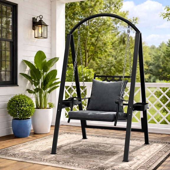 Pamapic Black Porch Swing with Stand, 350 LBS Capacity Adult Outdoor Swing Chair, Heavy-Duty Metal Frame with Dual Side Trays, Adjustable Chains and Zippered Removable Cushion for Balcony, Backyard a
